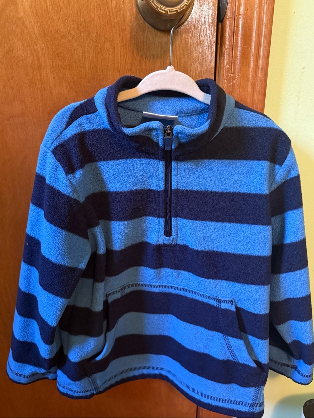 Hanna Andersson Blue and Navy Striped Fleece Half-Zip Hoodie